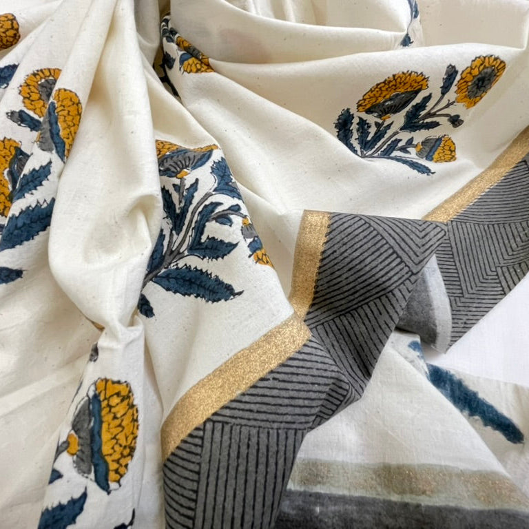Close-up of fabric with floral and geometric patterns