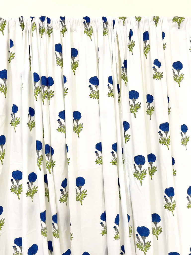 Blue and White Marigold Hand Block Printed Curtain Panels