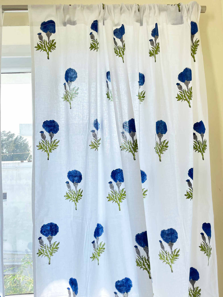 Blue and White Marigold Hand Block Printed Curtain Panels