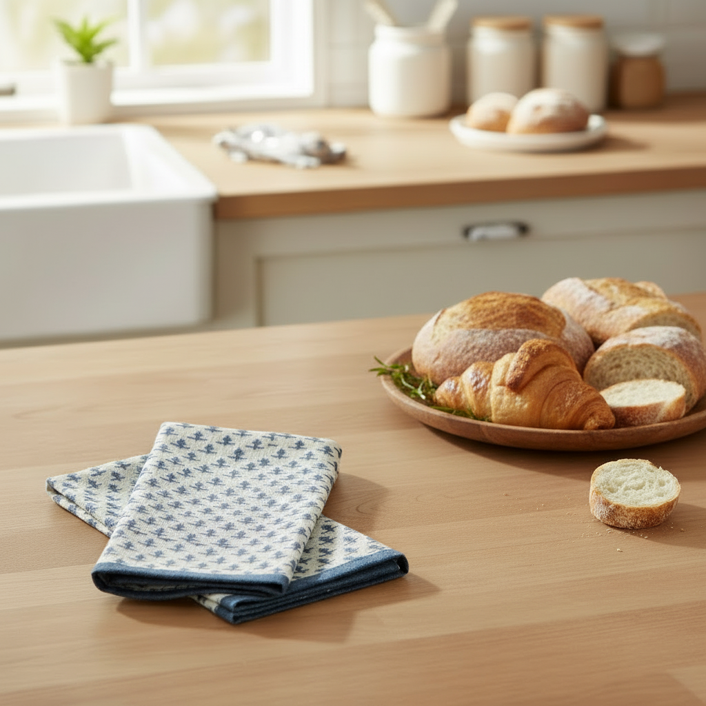 Stack of folded blue and white patterned towels on a light gray background