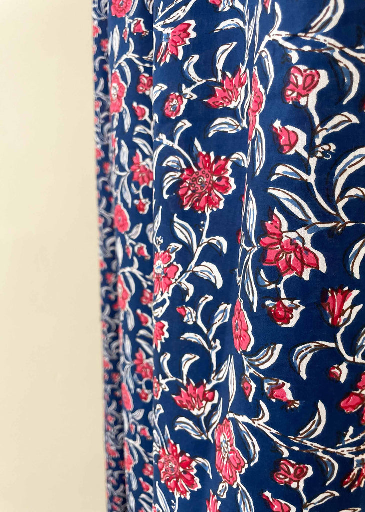 Blue and Red Floral Block Print Curtain Panels