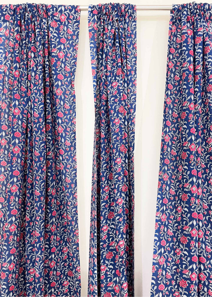 Blue and Red Floral Block Print Curtain Panels