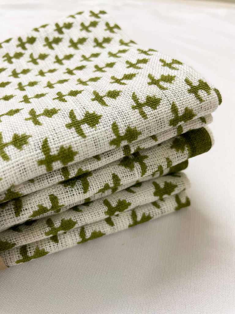 Block Printed Sage Linen Napkins Set