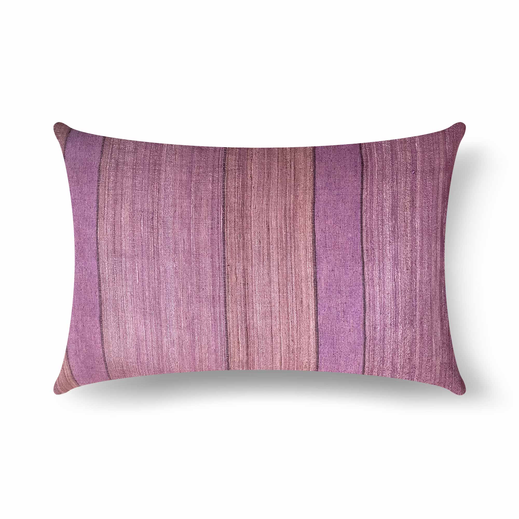 Purple and lavender striped silk pillow on a white background