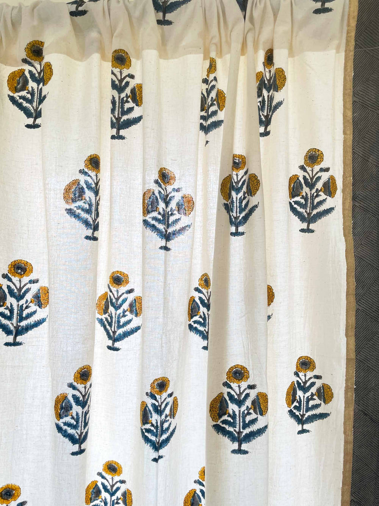 Mustard Poppy Print Cotton Curtains DesiCrafts