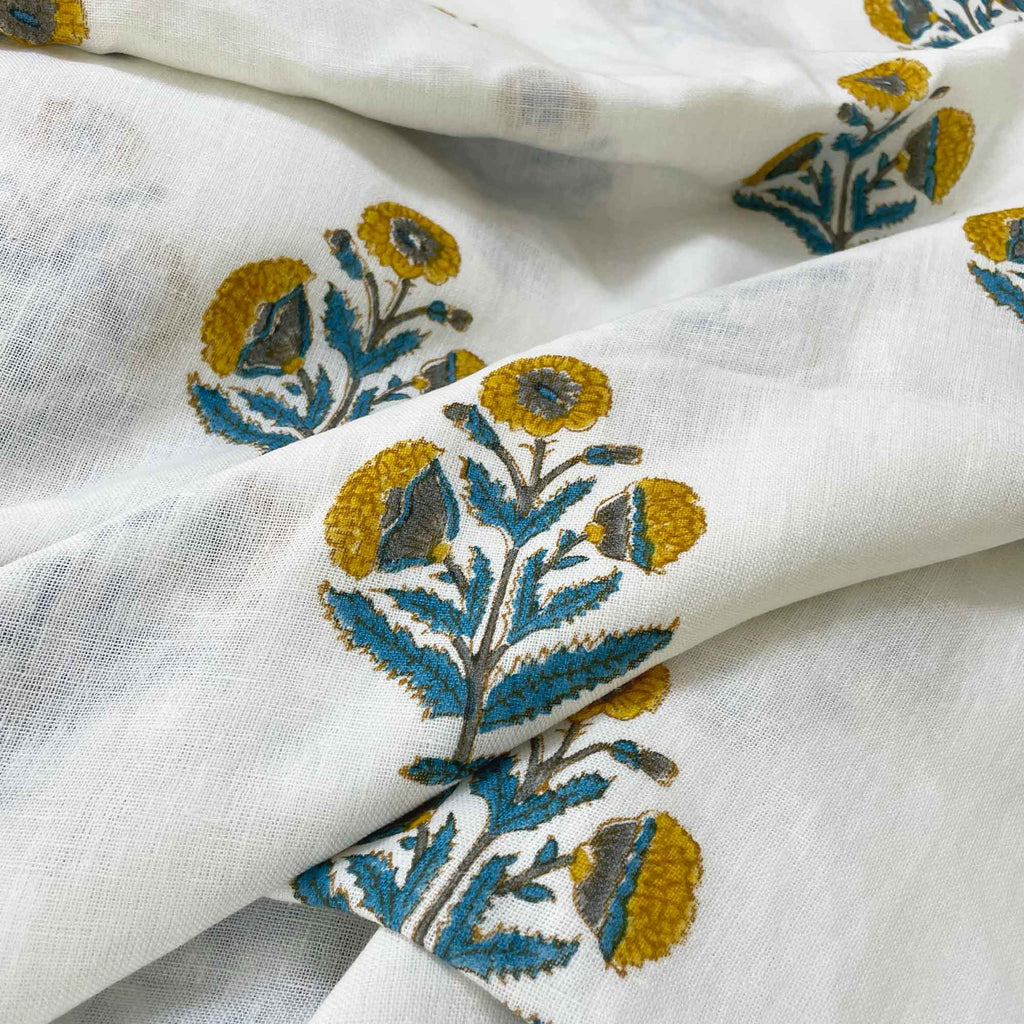 Poppy Block Print Mustard and Teal Linen Fabric