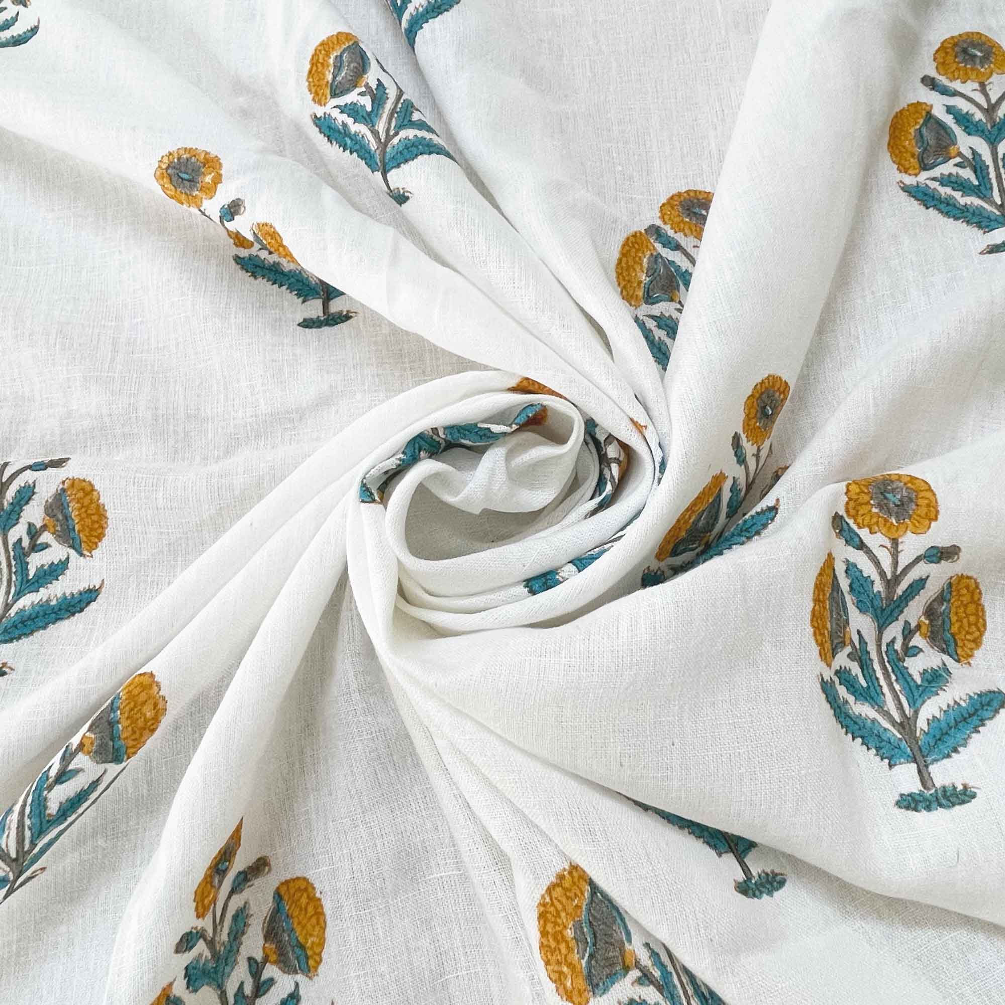Poppy Block Print Mustard and Teal Linen Fabric By the Yard