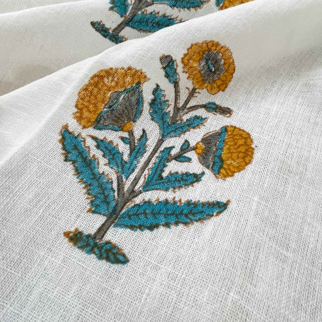 Block Print Linen in Mustard and Teal Poppy Block Print By DesiCrafts