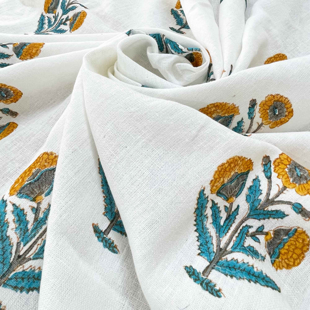Poppy Block Print Mustard and Teal Linen on White Background