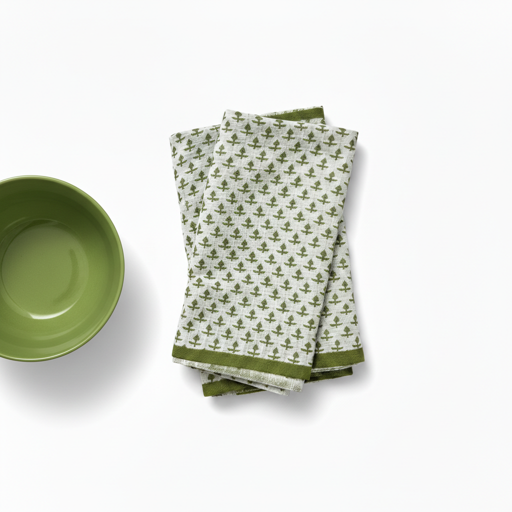 Green bowl and patterned green and white napkins on a white background