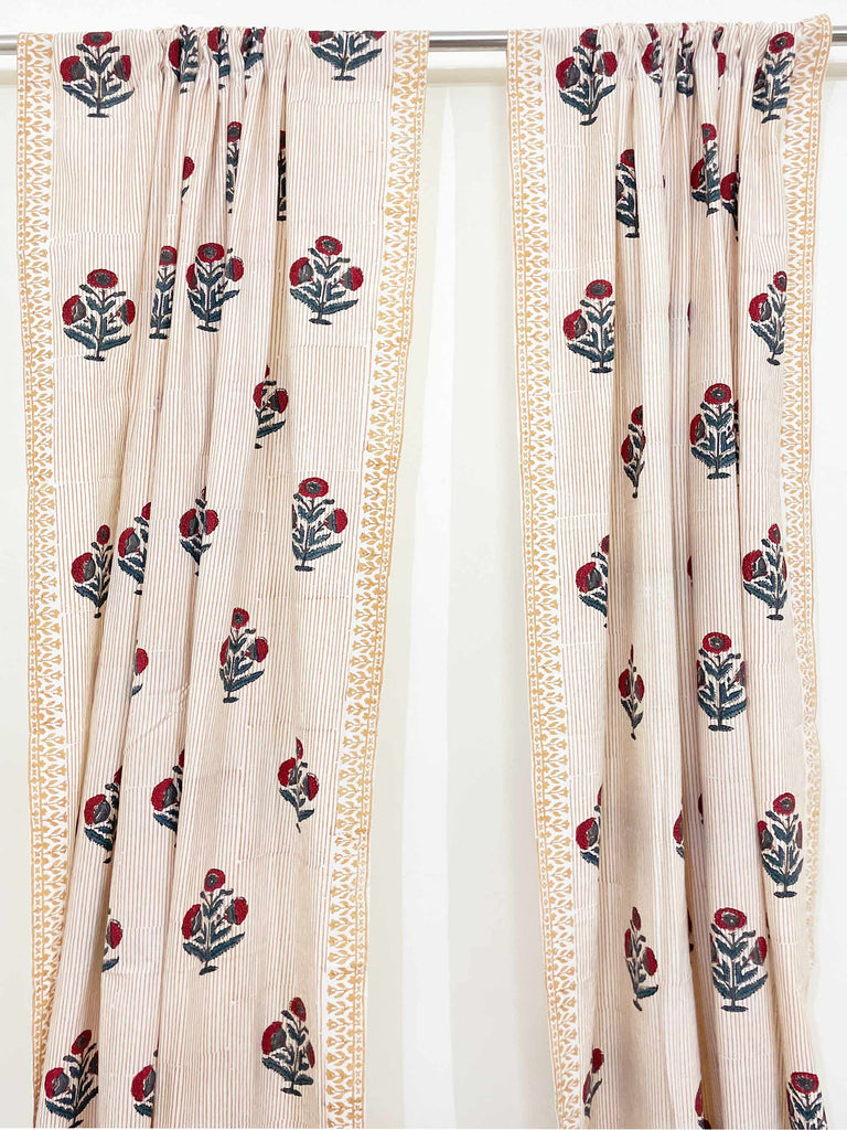 Red and Blue Poppy Hand Block Printed Curtain Panels