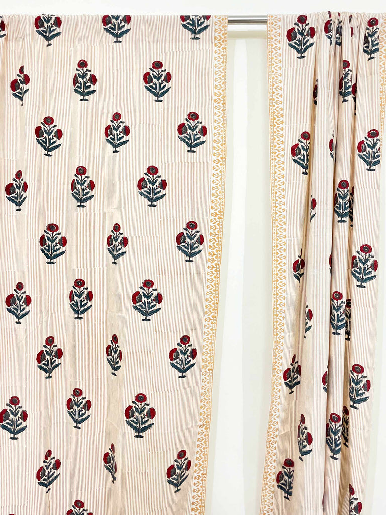 Red and Blue Poppy Hand Block Printed Curtain Panels