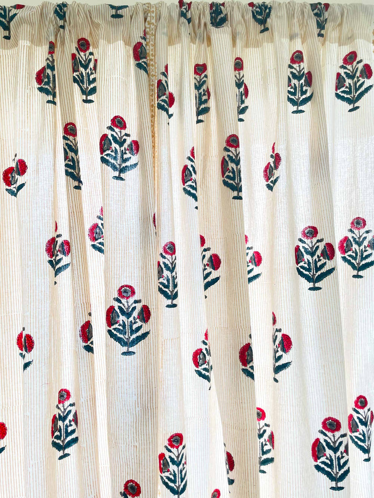 Red and Blue Poppy Hand Block Printed Curtain Panels