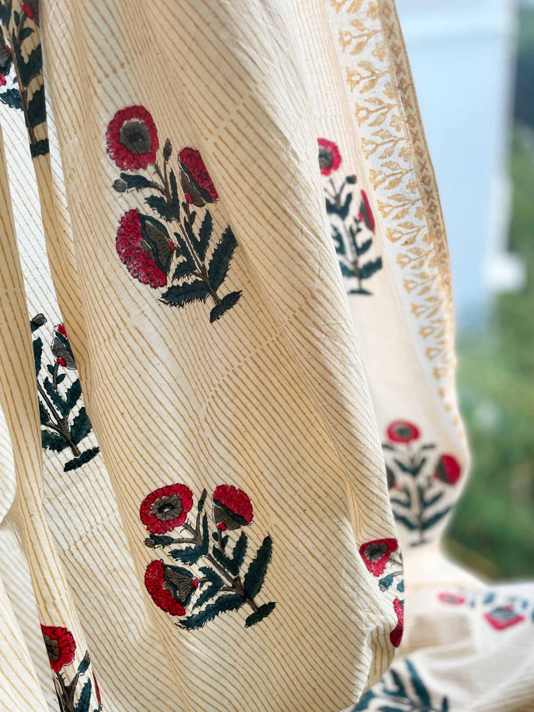Red and Blue Poppy Hand Block Printed Curtain Panels