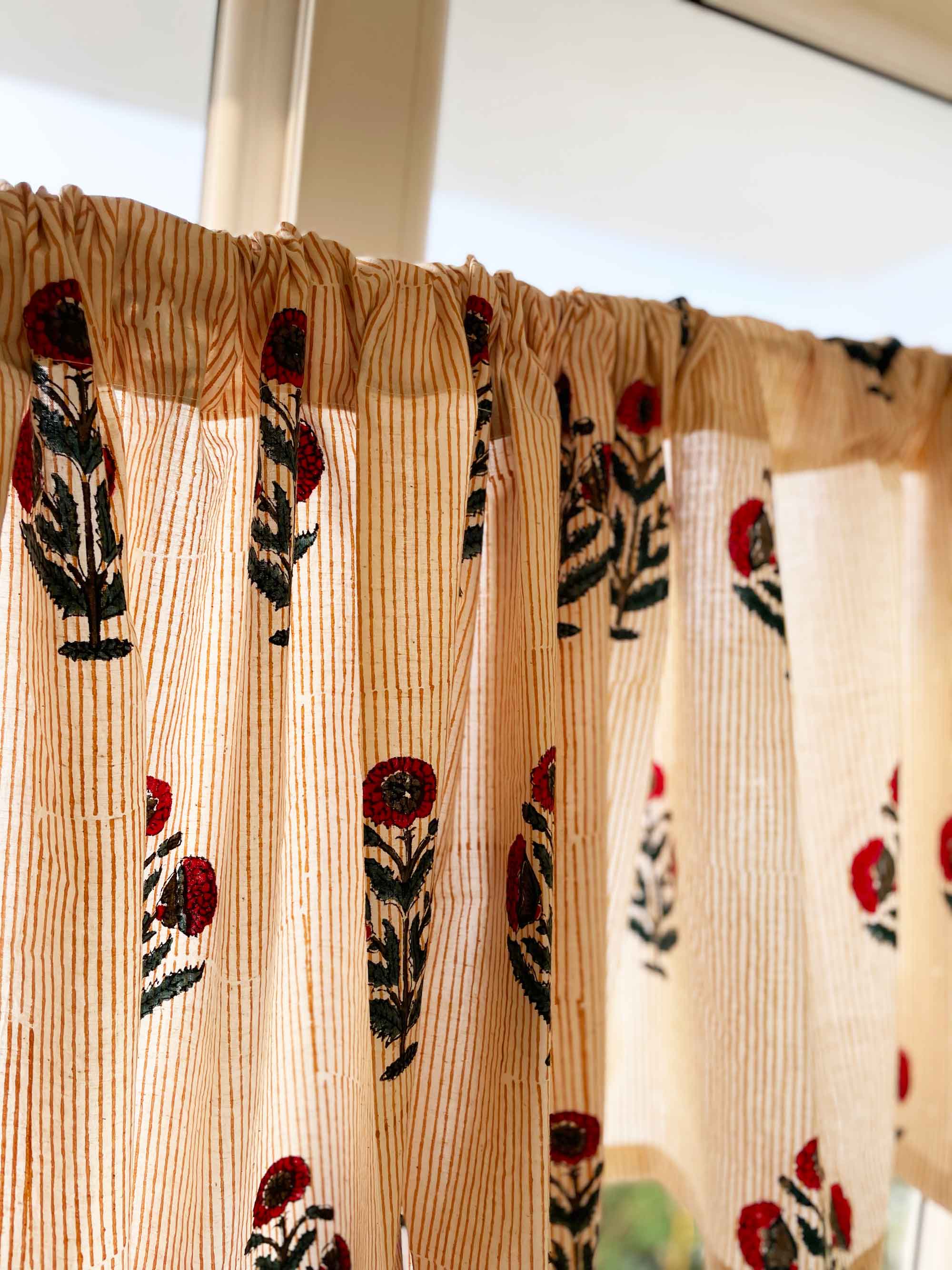 Mughal era inspired red and blue floral cafe curtain panels in cotton