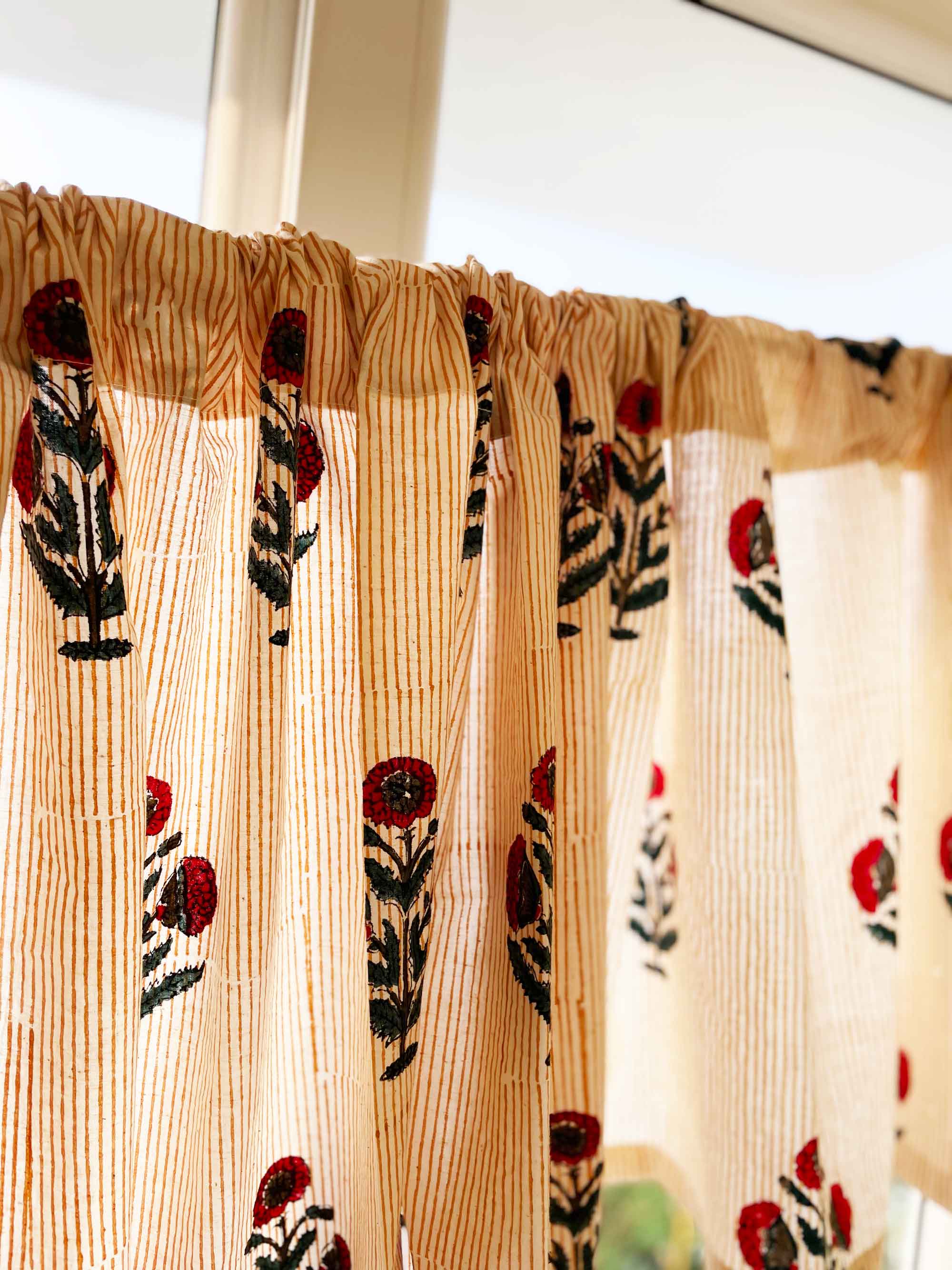 Hand Block Printed Red and Blue Poppy Kitchen Valance