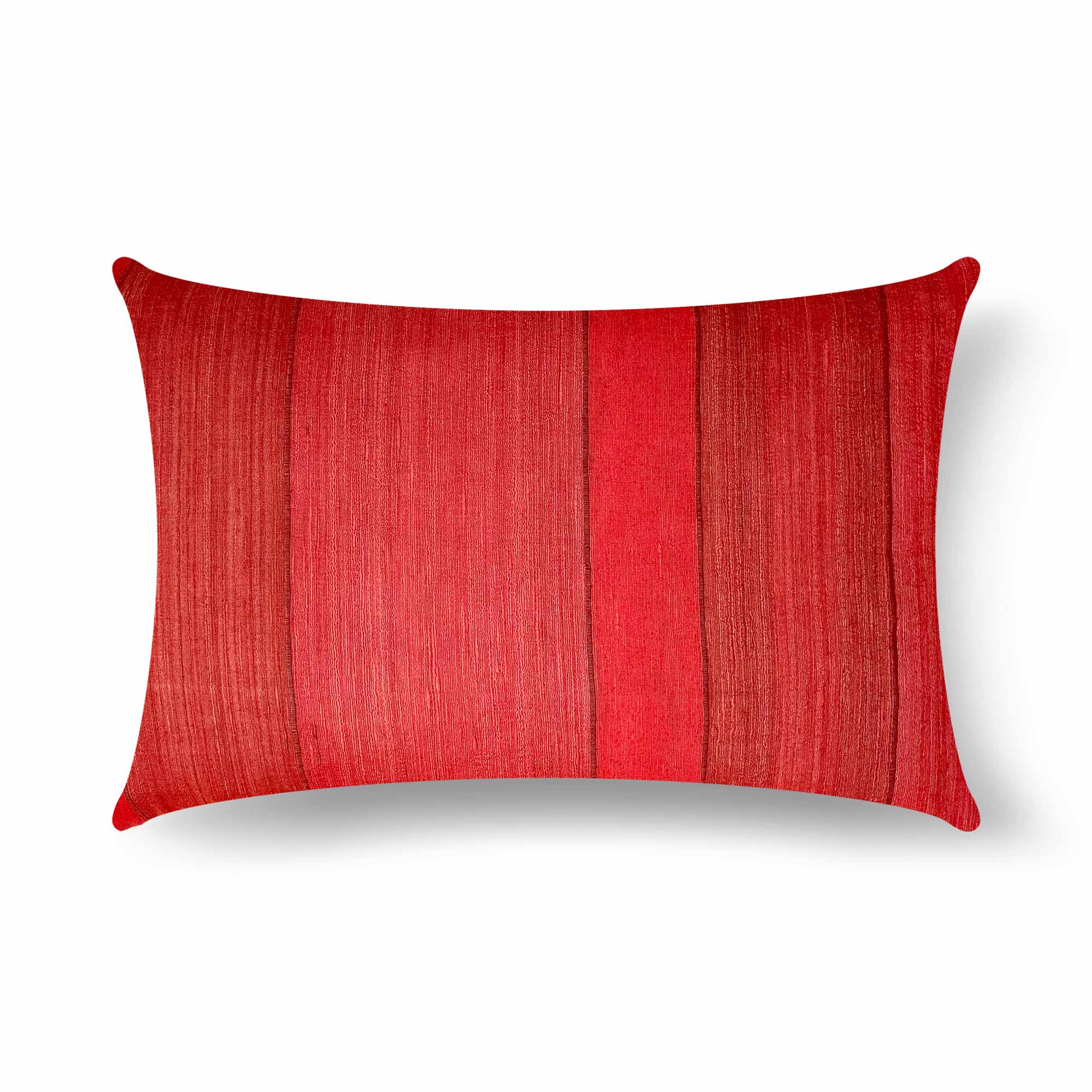 Red striped tussar silk pillow cover showing handwoven texture and natural tussar silk sheen on a neutral background