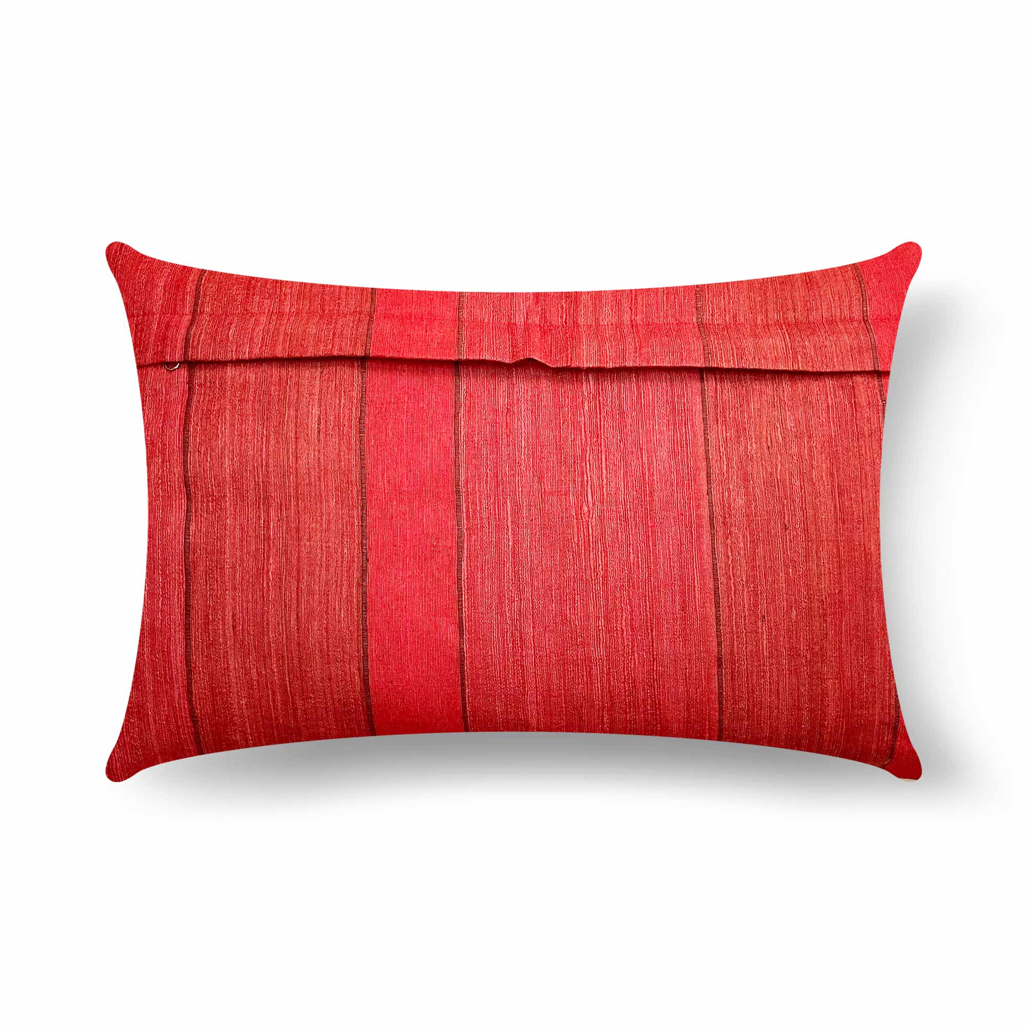 Handwoven red striped tussar silk cushion cover with earthy texture and traditional Indian weaving details.