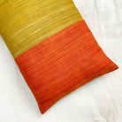 Detail view of bold colorblock tussar silk pillow cover showing organic texture and earthy tones.