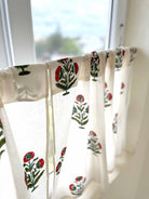 Rust poppy and green leaf cotton curtain, Mughal wall art inspired café style drape.