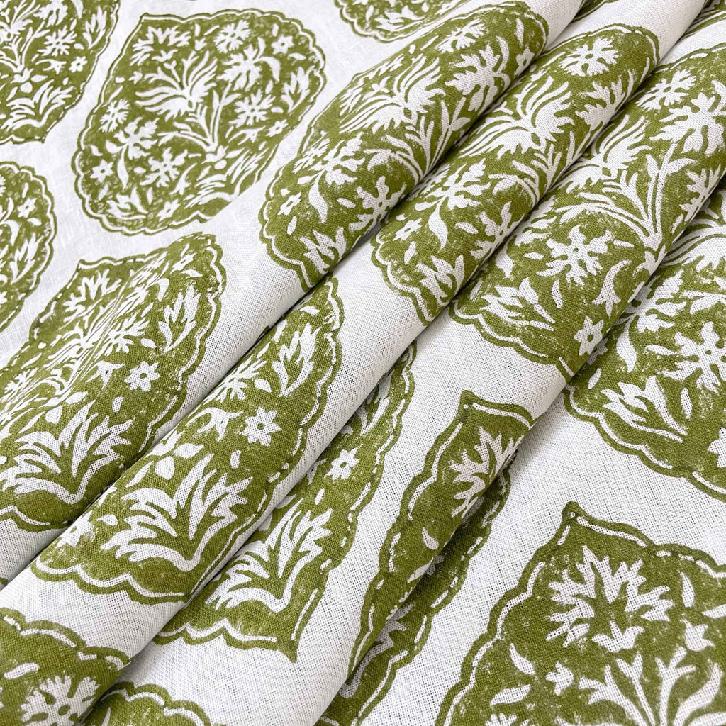Hand Block Printed Linen in Sage and White By DesiCrafts
