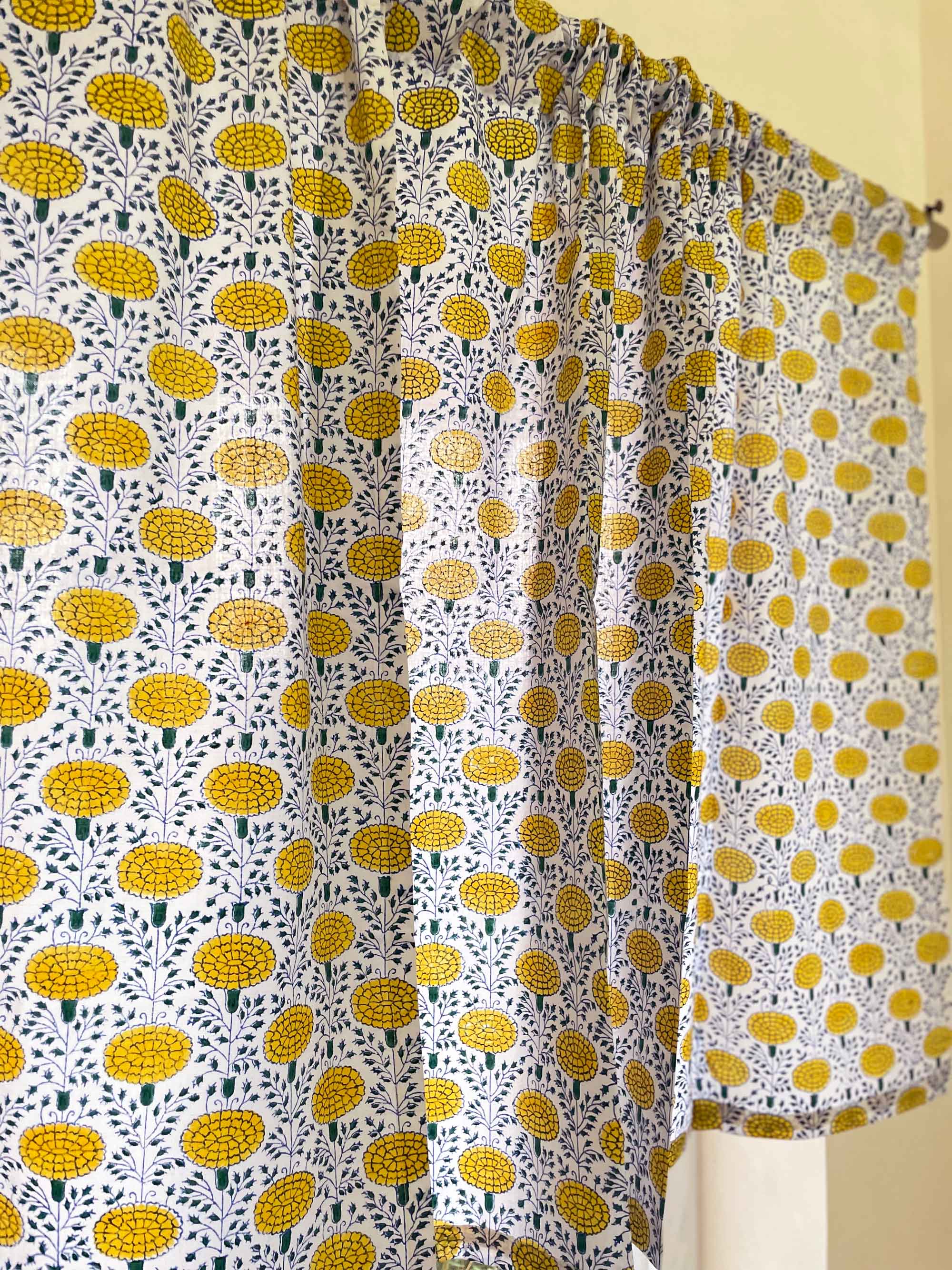 Block Printed Yellow and Green Marigold Kitchen Valance 
