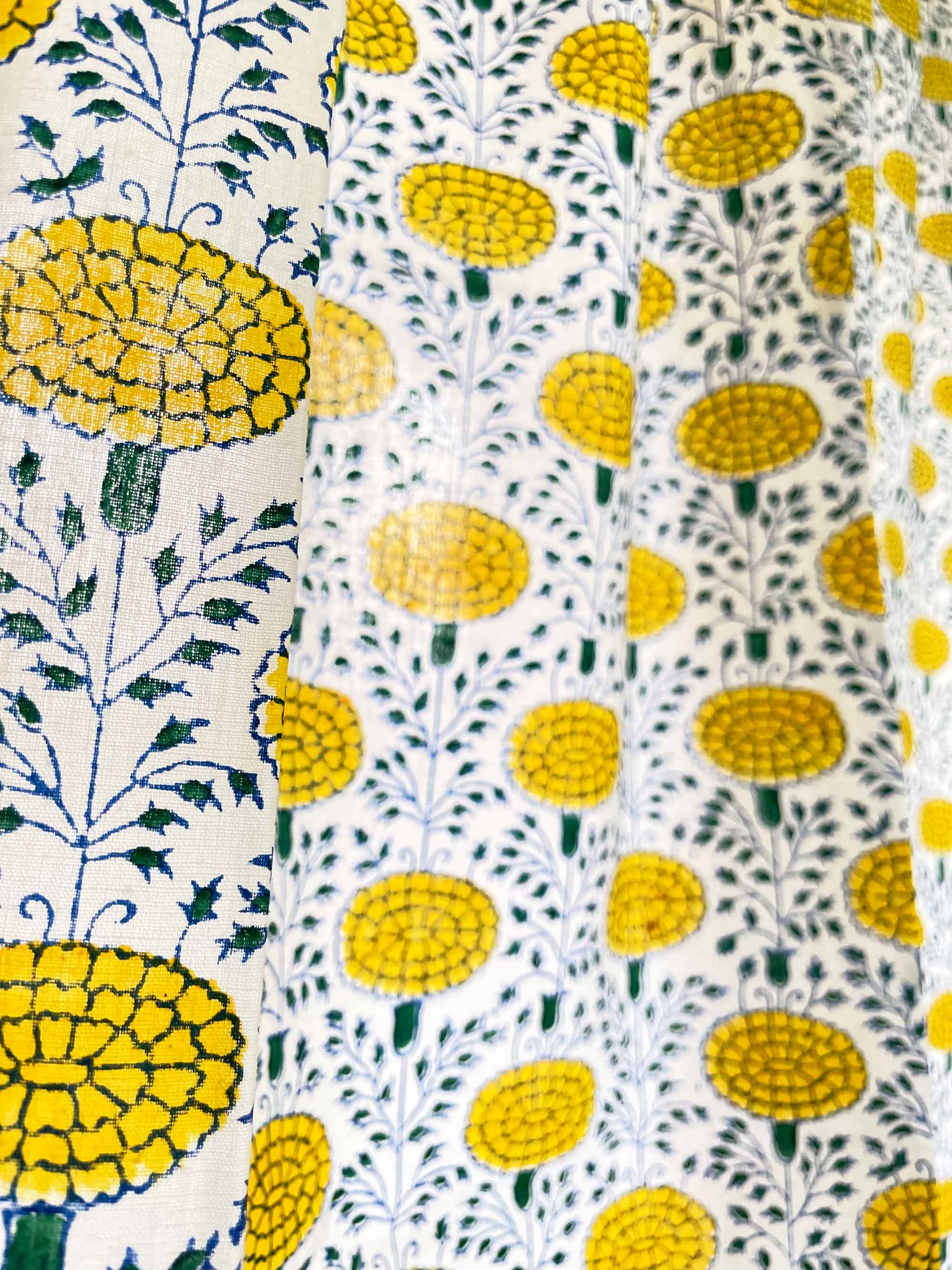 Hand Printed Yellow and Green Marigold Kitchen Valance 