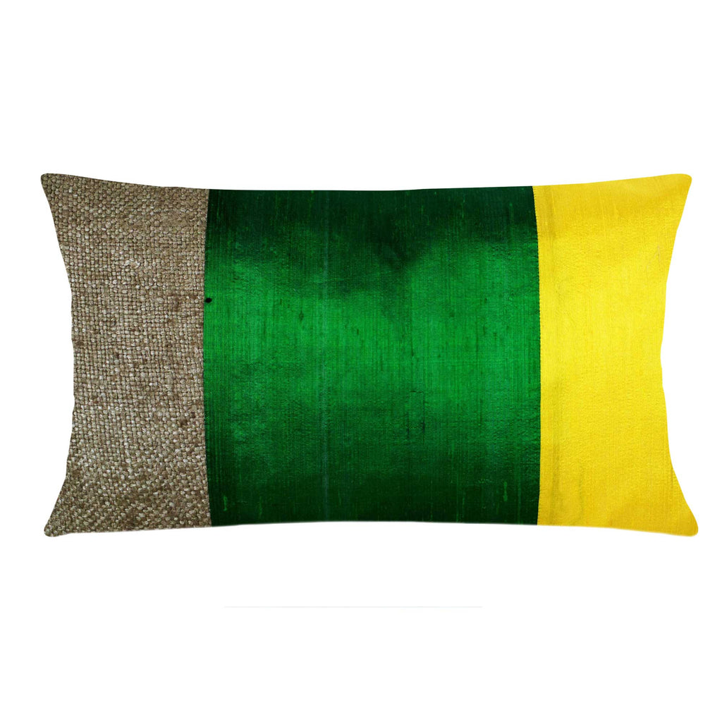 Handmade Green Yellow Bhagalpuri Jute Silk Pillow Cover