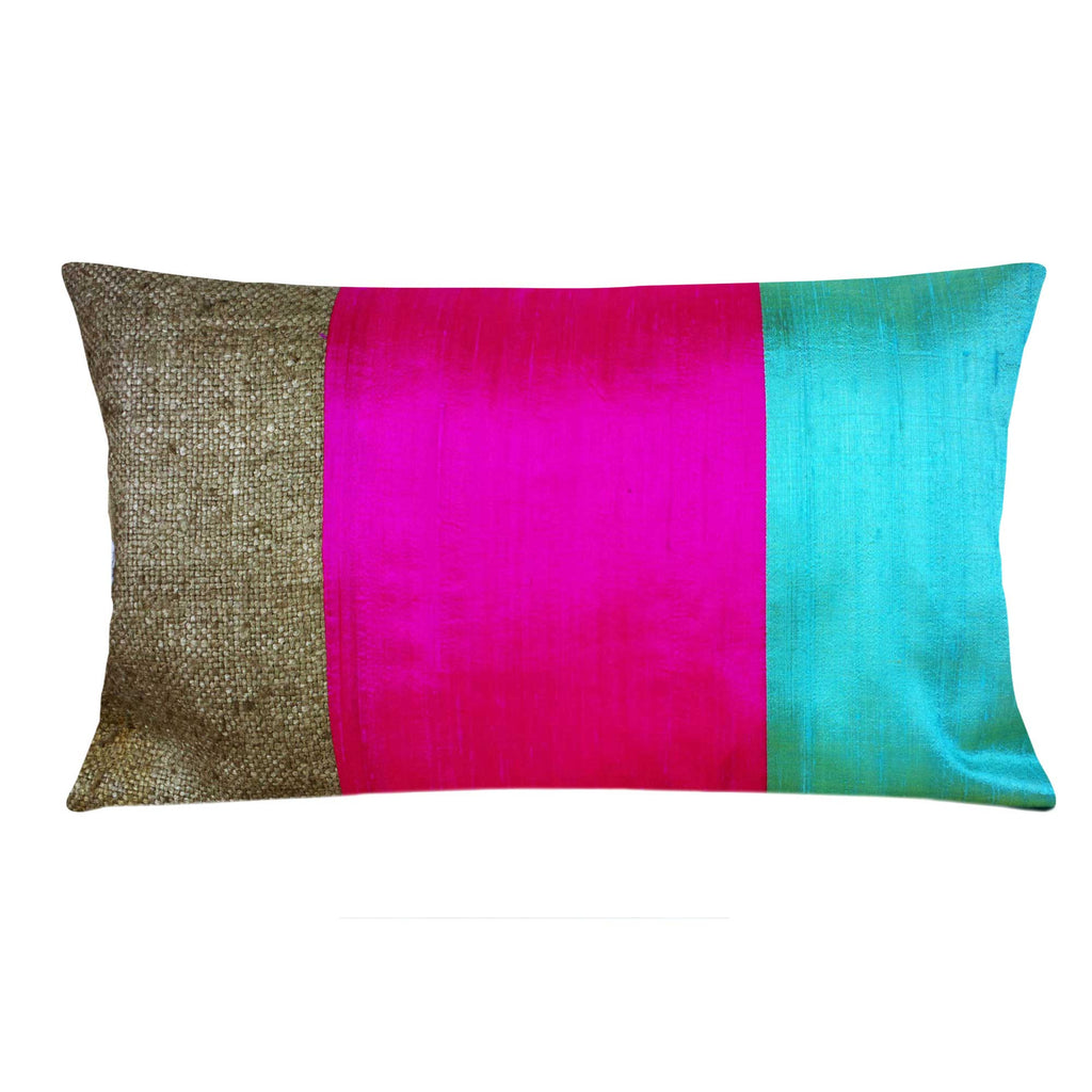 Hot Pink and Aqua Raw Silk Lumbar Pillow Cover Buy Online From DesiCrafts