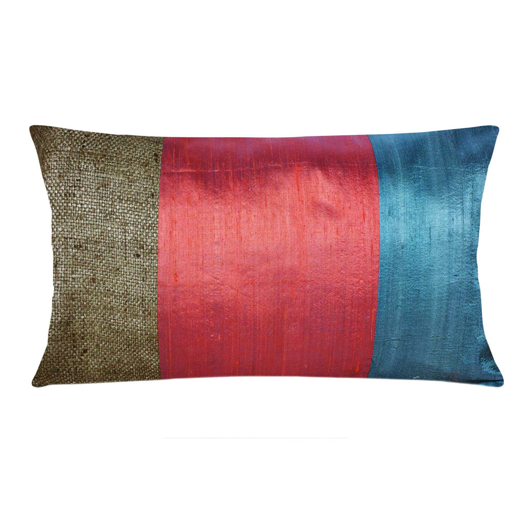 Grey and Coral Raw Silk Lumbar Pillow Cover Buy Online from DesiCrafts