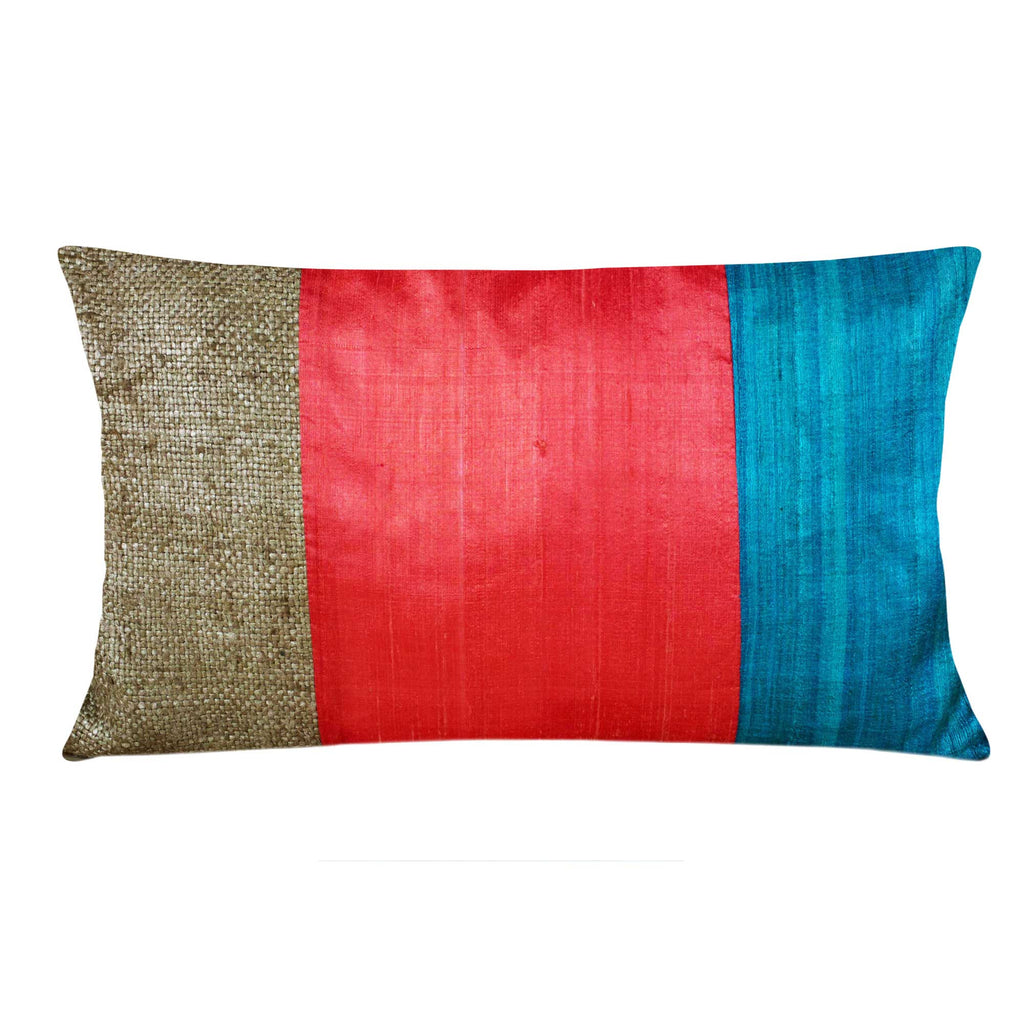 Handmade Orange and Teal Raw Silk Lumbar Pillow Cover Buy Online from India