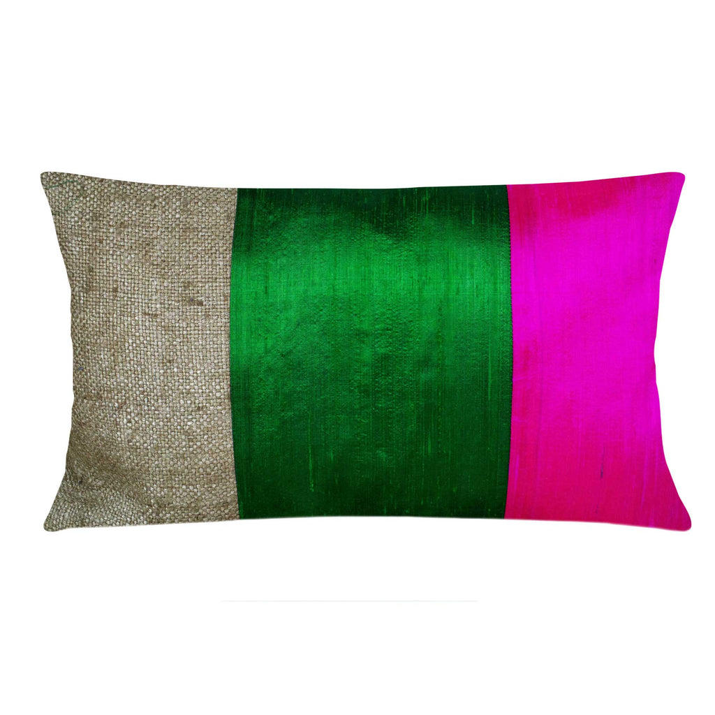 Green and Magenta Raw Silk Lumbar Pillow Cover Buy Online from DesiCrafts