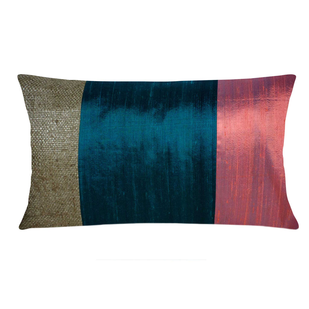 Teal and Rust Raw Silk Lumbar Pillow Cover Buy From DesiCrafts