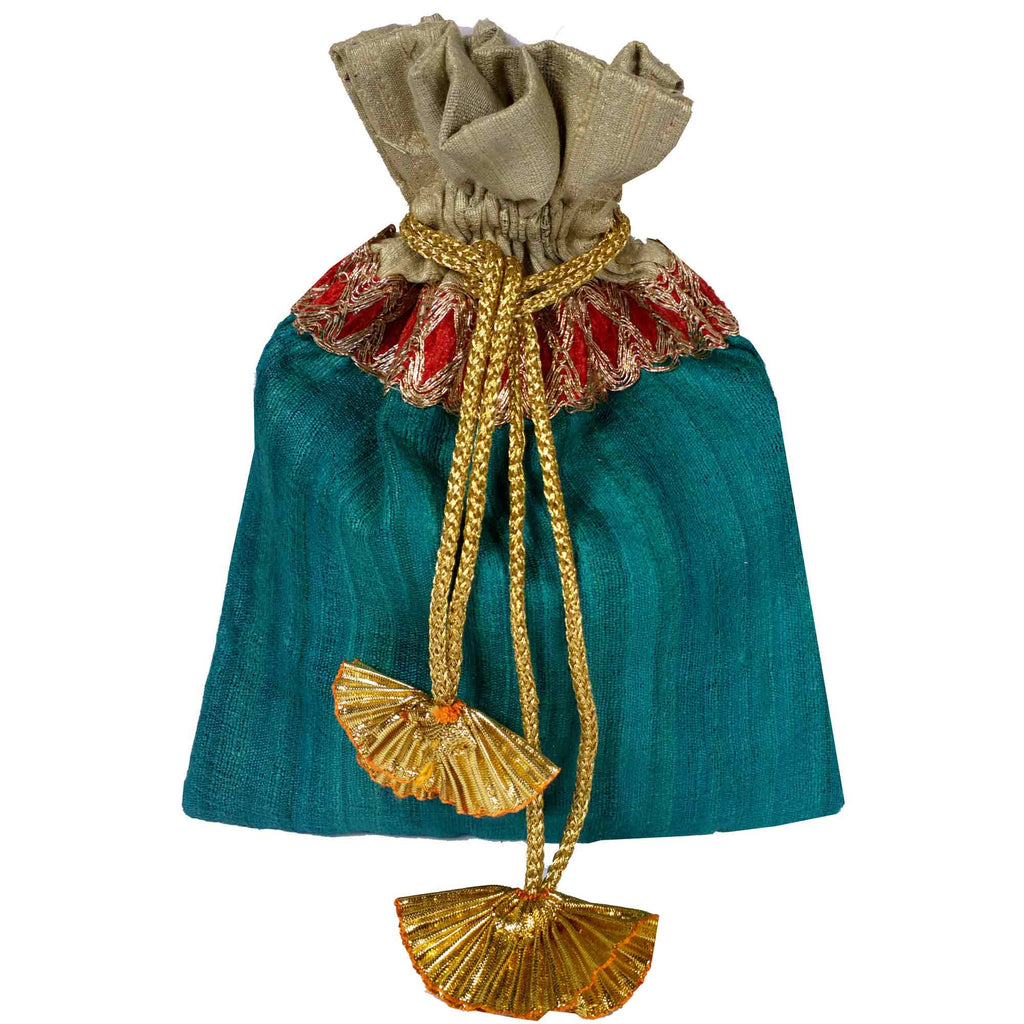 Teal and Beige Drawstring Silk Bag Buy Online from DesiCrafts