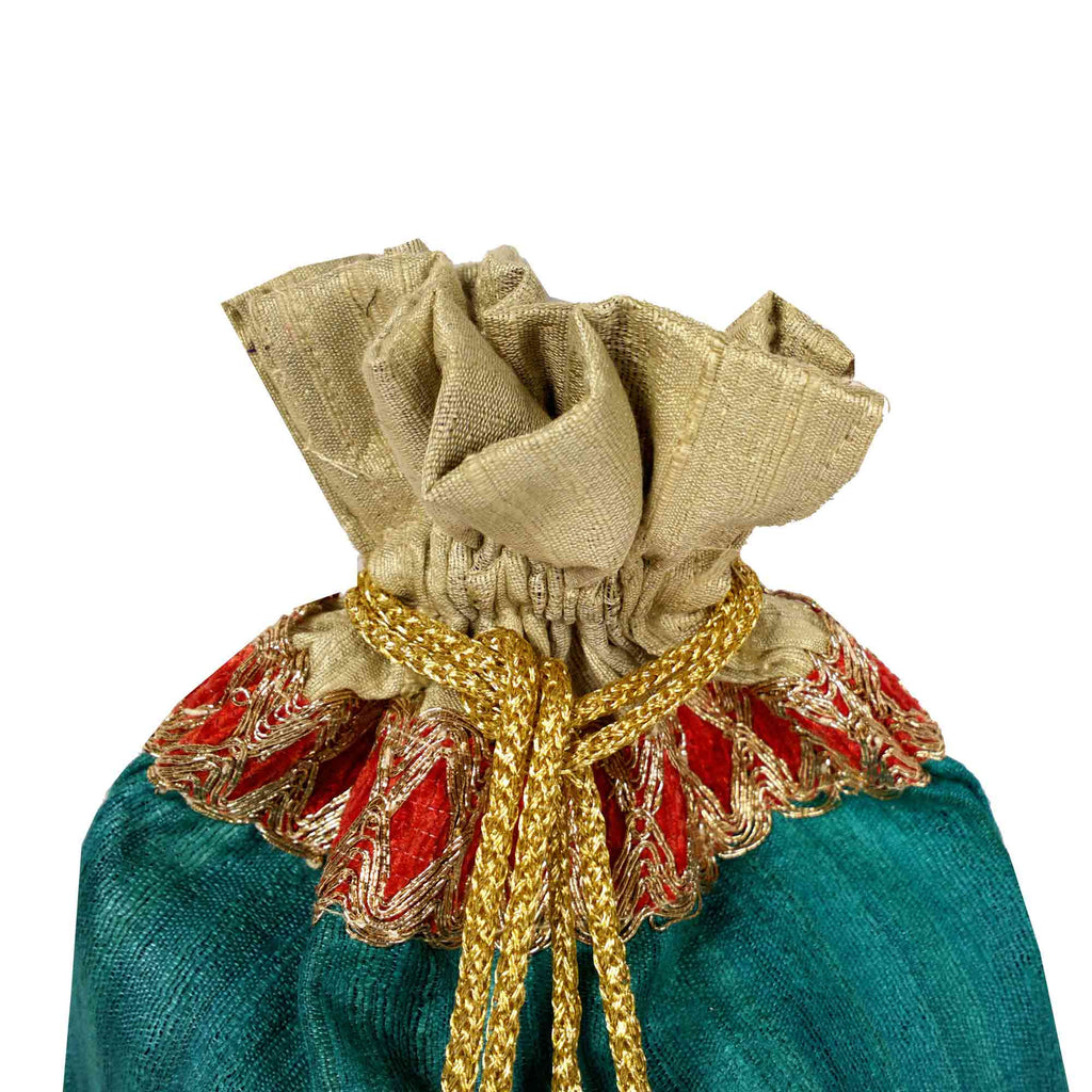 Teal and Beige Drawstring Silk Pouch Buy Online From India