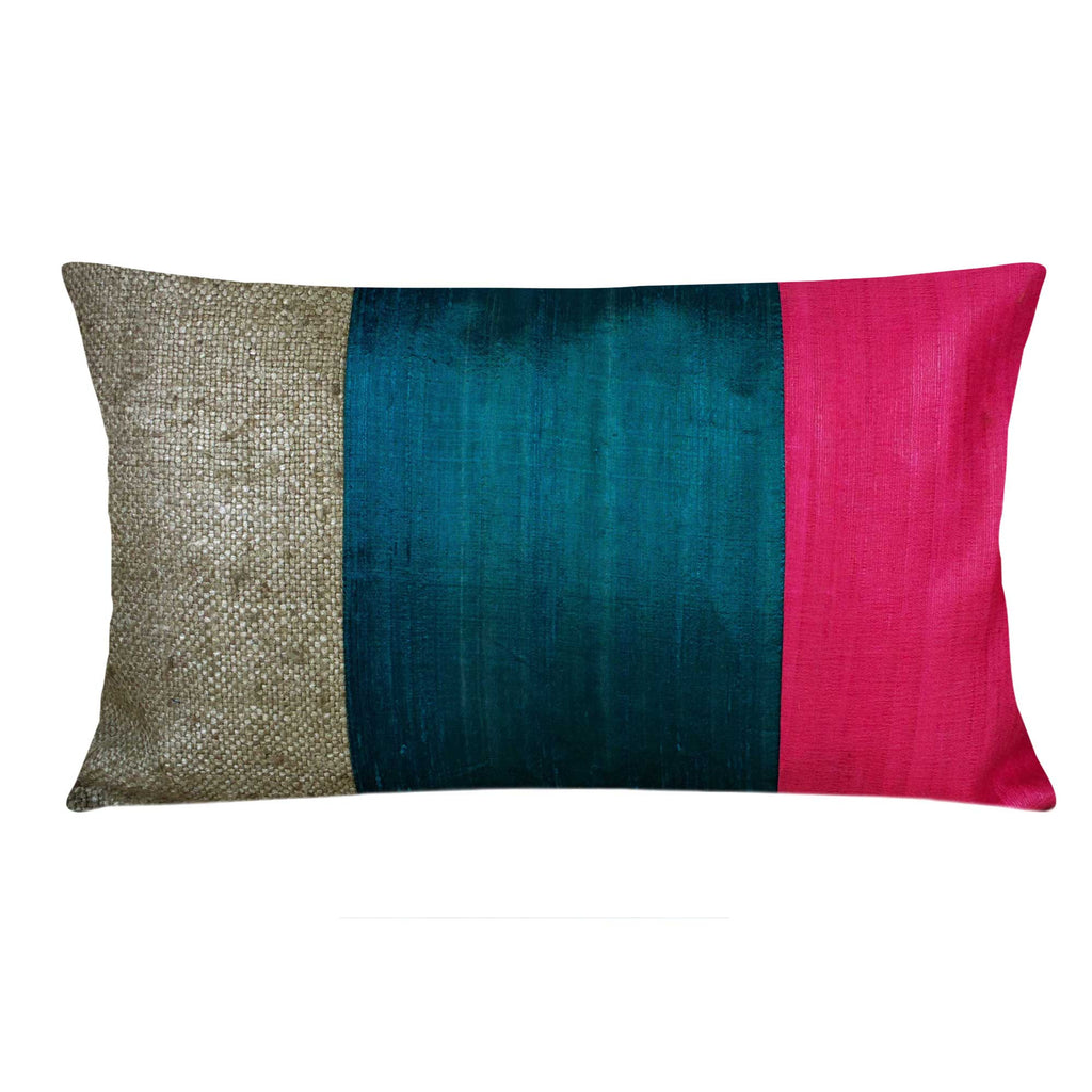 Red and Teal Raw Silk Lumbar Pillow Cover Buy Online from DesiCrafts