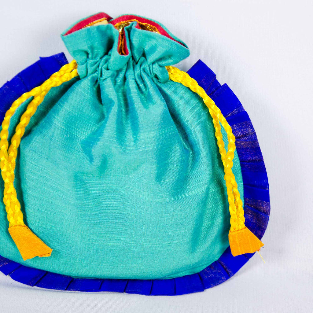 Sea Green and Blue Drawstring Silk Potli Bag by DesiCrafts