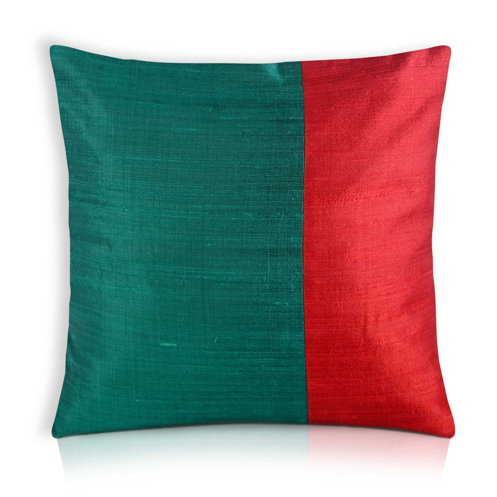 Teal and Red Raw Silk Pillow Cover