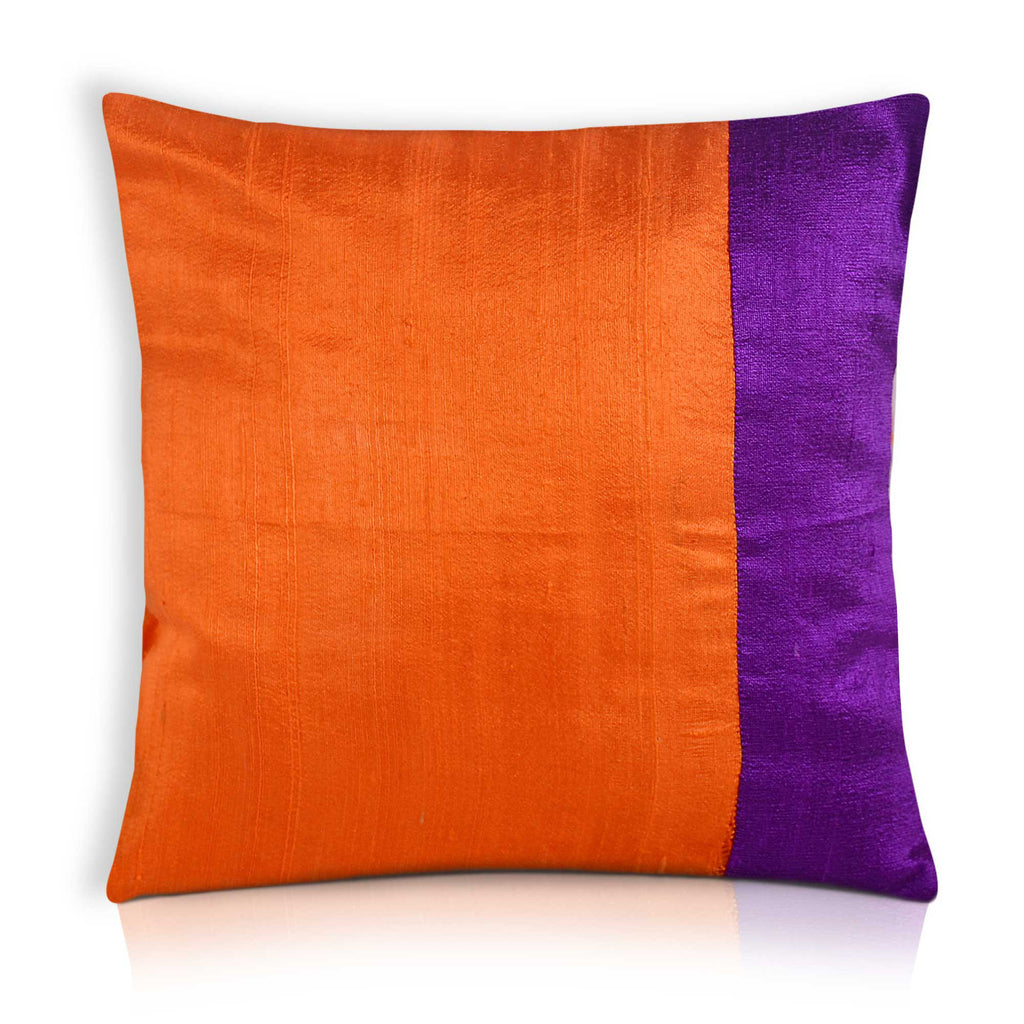Orange and Purple Raw Silk Color Block Pillow Cover