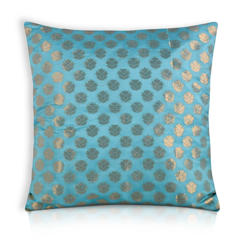 Teal and Gold Floral Chanderi Silk Pillow Cover