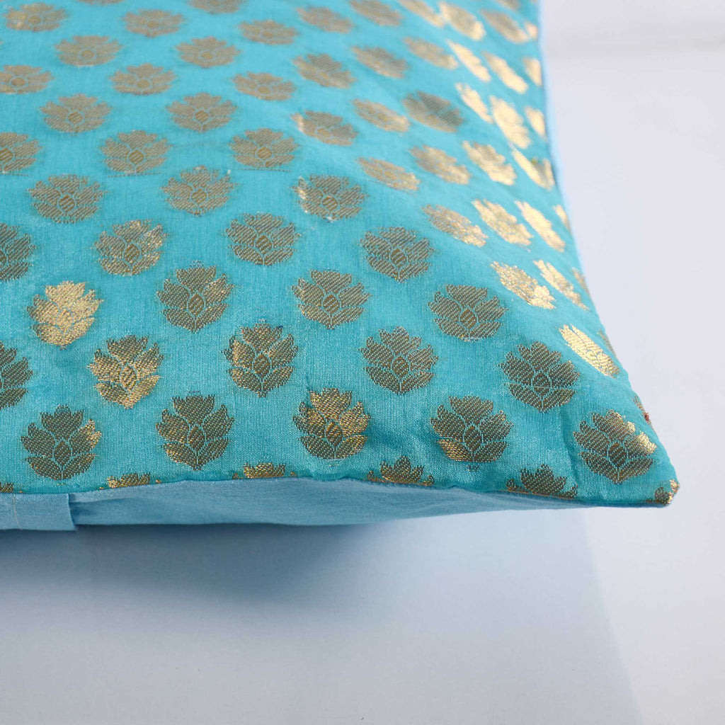Teal and Gold Floral Chanderi Silk Pillow Cover