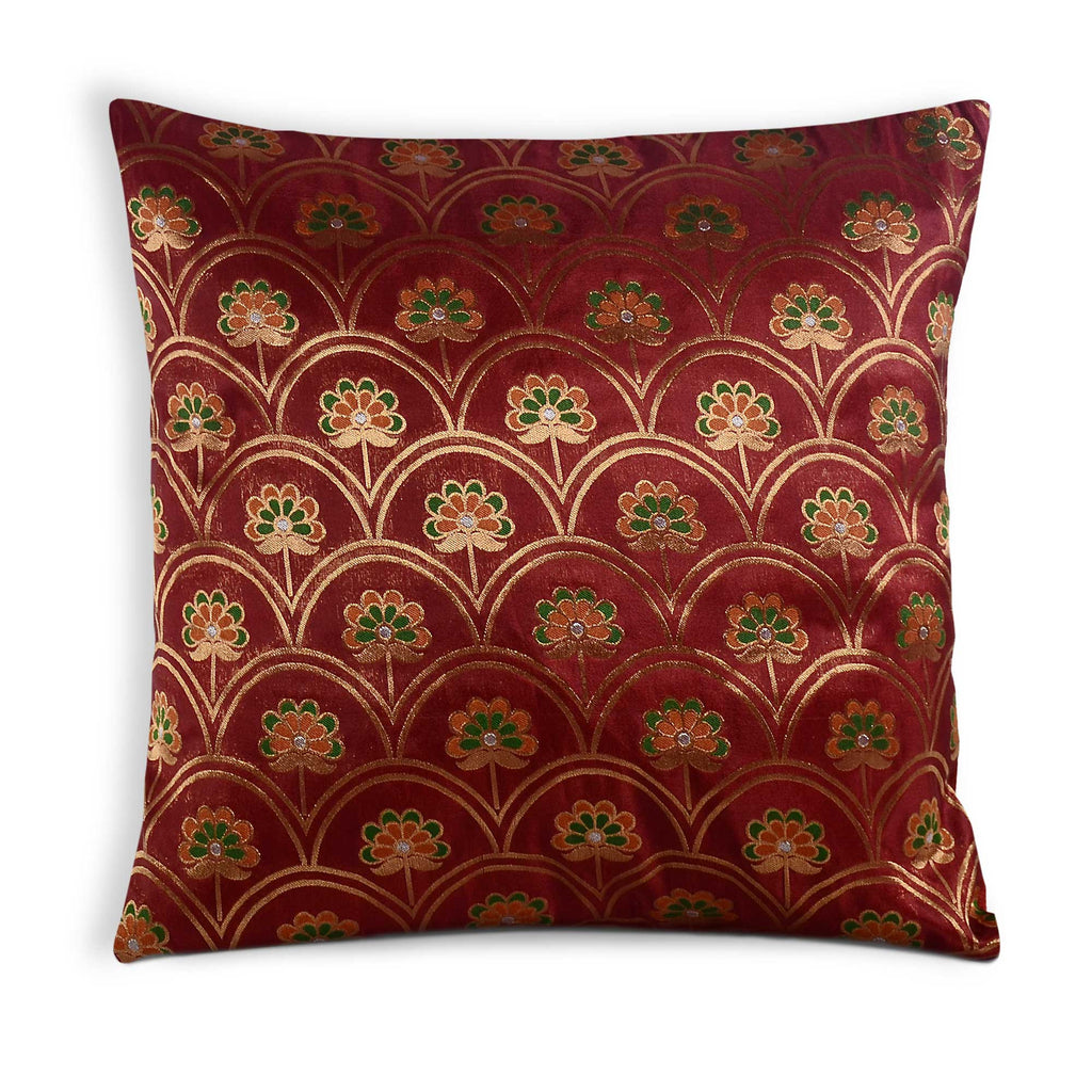 Rust and Gold Floral Banaras Silk Pillow Cover