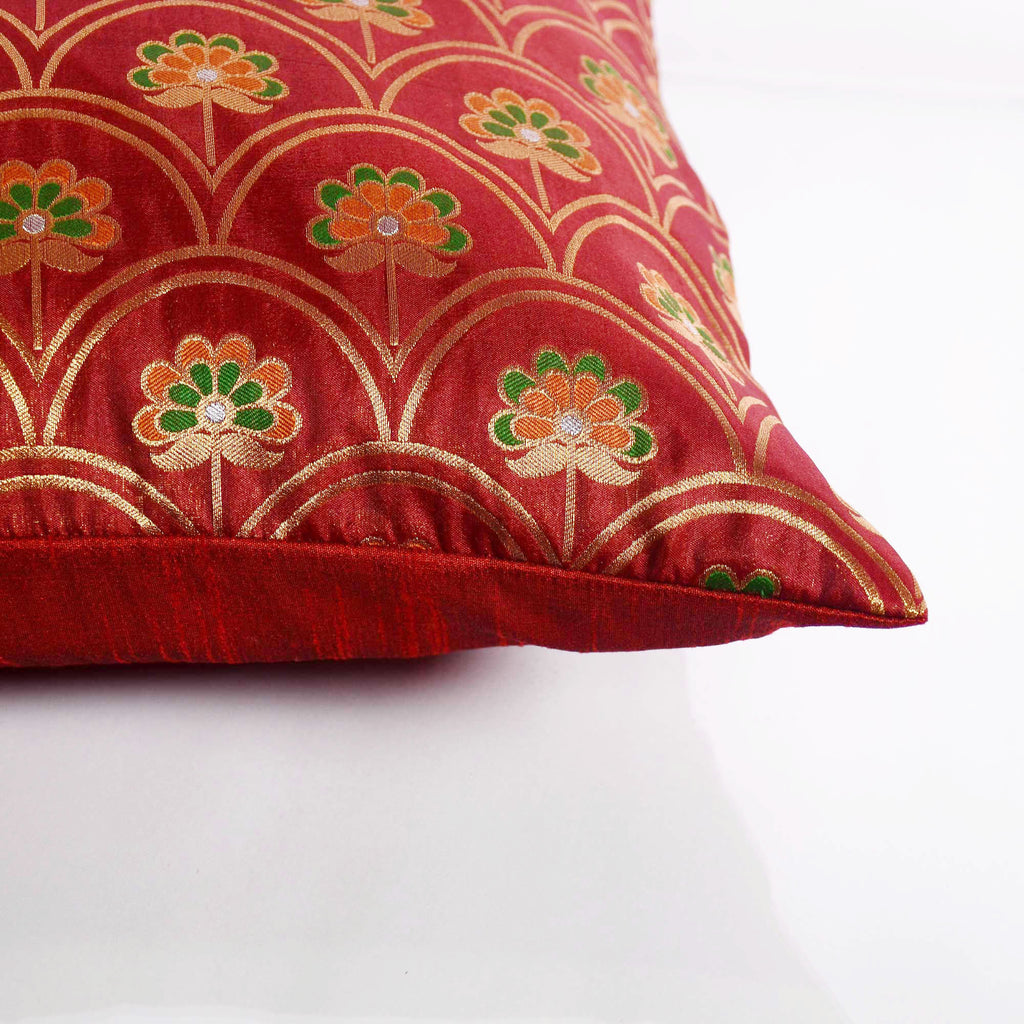 Rust and Gold Floral Banaras Silk Pillow Cover