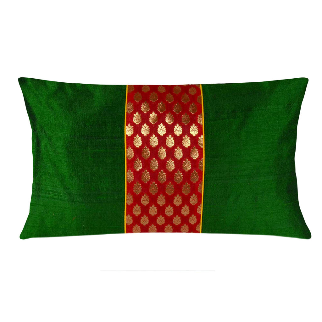 Emerald Green and Red Raw Silk Ikat Lumbar Pillow Cover