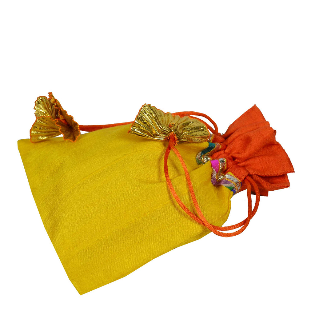 Yellow and Orange Raw Silk Gota Drawstring Bag