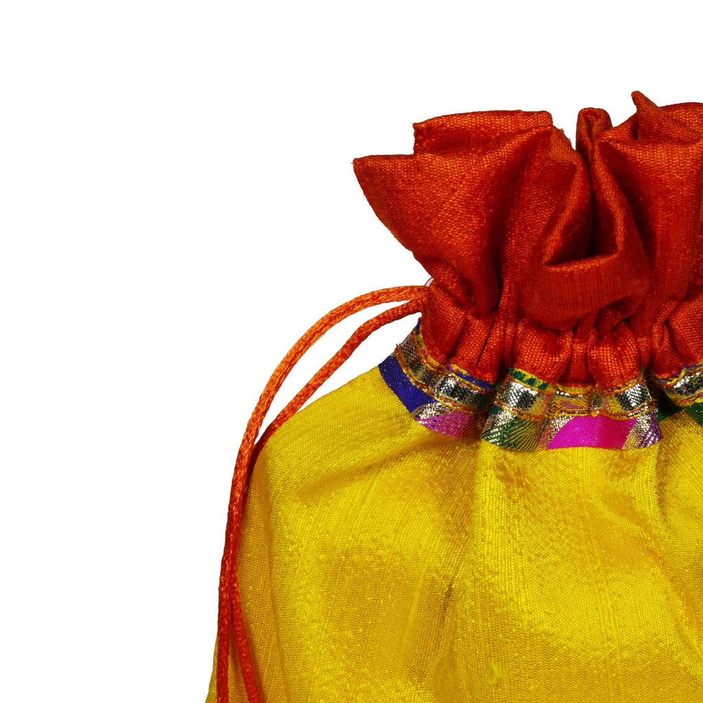 Handmade Yellow and Orange Raw Silk Gota Drawstring Bag