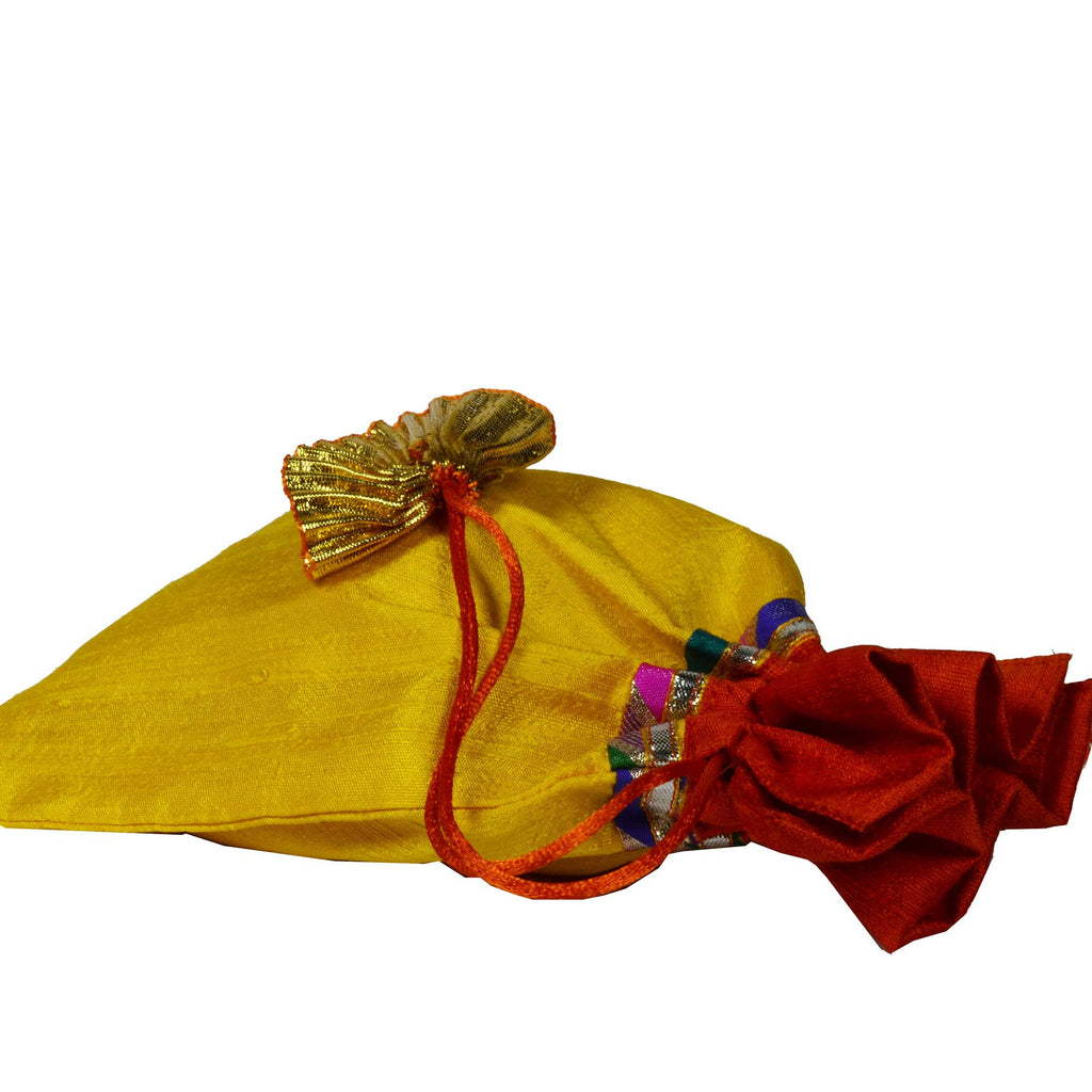 Orange and Yellow Raw Silk Gota Drawstring Bag