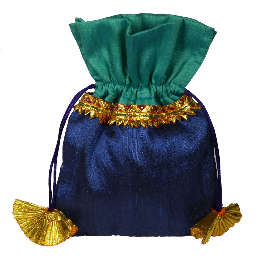 Sea Green and Grey Raw Silk Gota Drawstring Bag