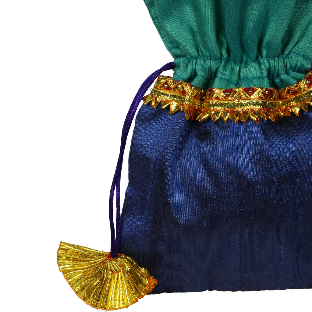 Handmade Sea Green and Grey Raw Silk Gota Drawstring Bag Buy Online at DesiCrafts
