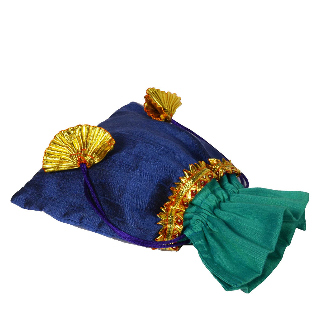 Sea Green and Grey Raw Silk Gota Drawstring Bag
